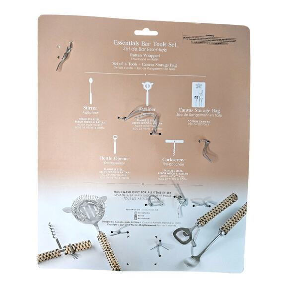 NEW The Bar Shop by Ciroa Essentials Bar Tools Set in Rattan Wicker - Picture 6 of 6